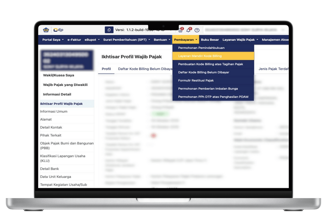 Langkah 2: Dasbor Coretax dengan menu Pembayaran terbuka pada header