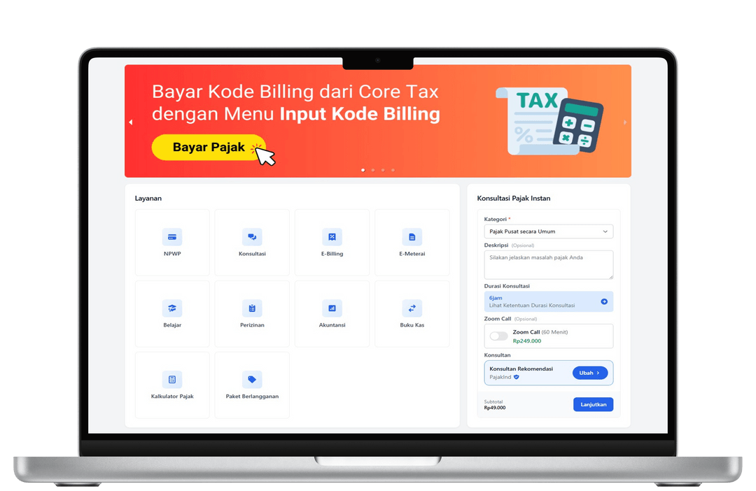 Langkah 6: Dasbor aplikasi PajakInd dengan menu E-Billing