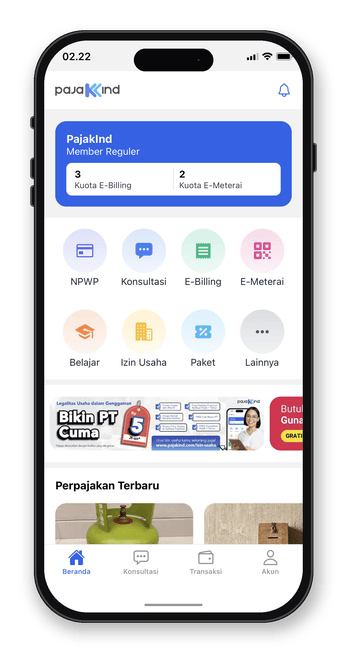 Layar beranda aplikasi PajakInd di ponsel, menampilkan sisa kuota E-Billing dan E-Meterai serta menu NPWP, Konsultasi, E-Billing, E-Meterai, Akuntansi, Buku Kas, Belajar, dan Paket