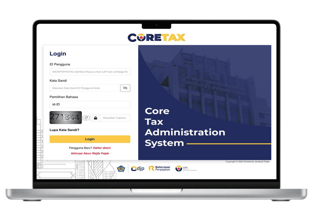 Langkah 1: Layar login portal Coretax dengan kolom ID Pengguna, Kata Sandi, dan Captcha