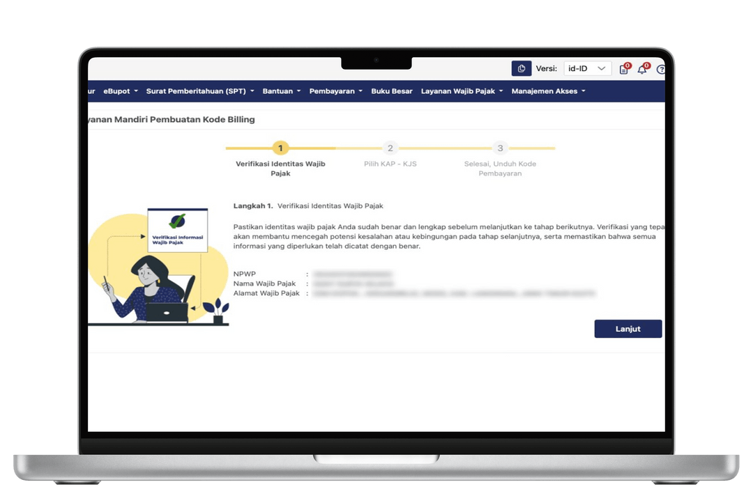 Langkah 3: Halaman pembuatan kode billing Coretax menampilkan verifikasi data NPWP dan nama wajib pajak